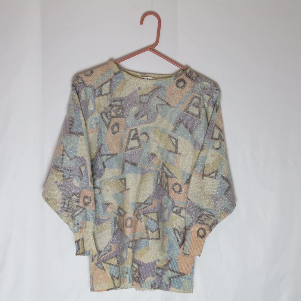 Andriano Wool Sweater Women's L Pastel Geometric Crewneck Pullover 80's Vintage